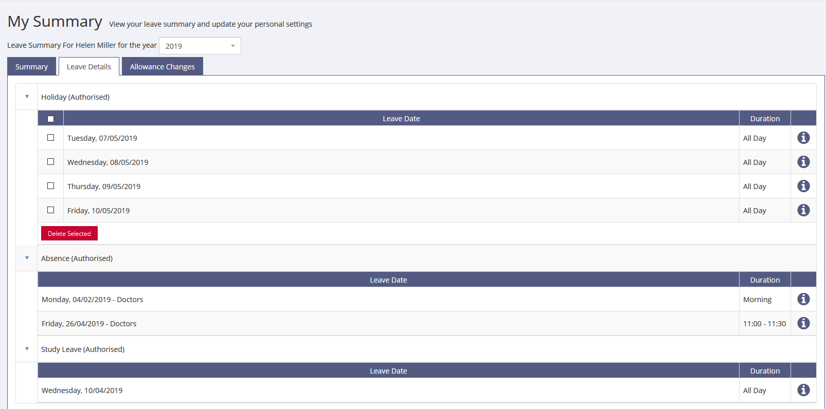 Employee Summary screen for sickness in LeavePlanner