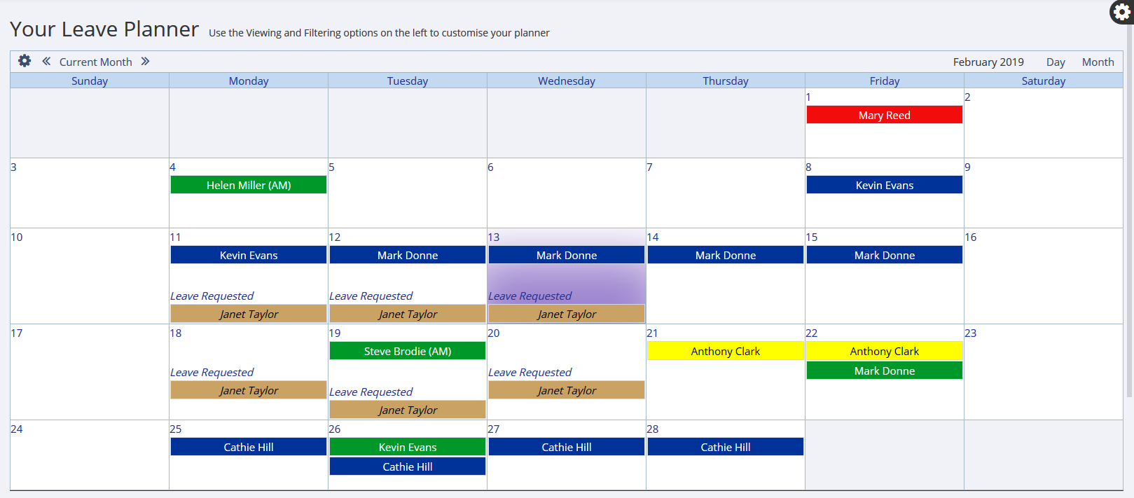 Classic calendar view on the LeavePlanner Absence system