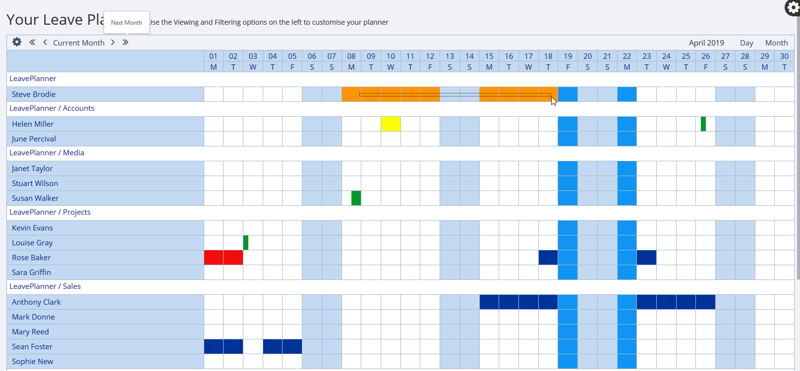 Requesting leave from the calendar view on the LeavePlanner Absence system