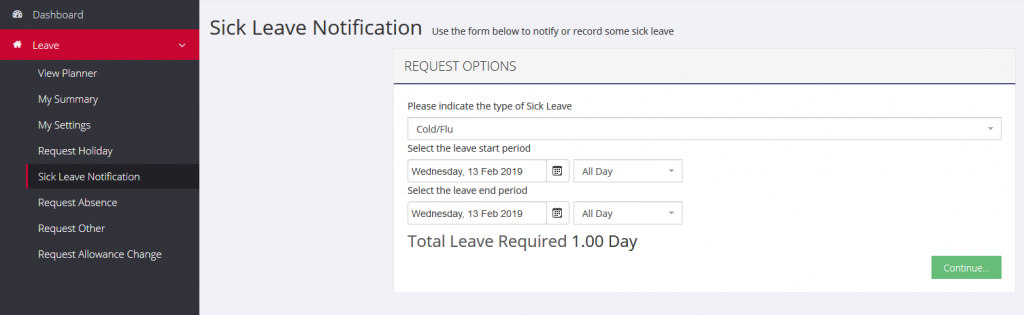 Requesting sick leave absence with LeavePlanner