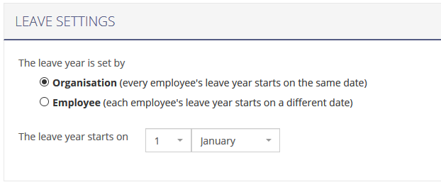 Image of the setting for changing your leave year start date.